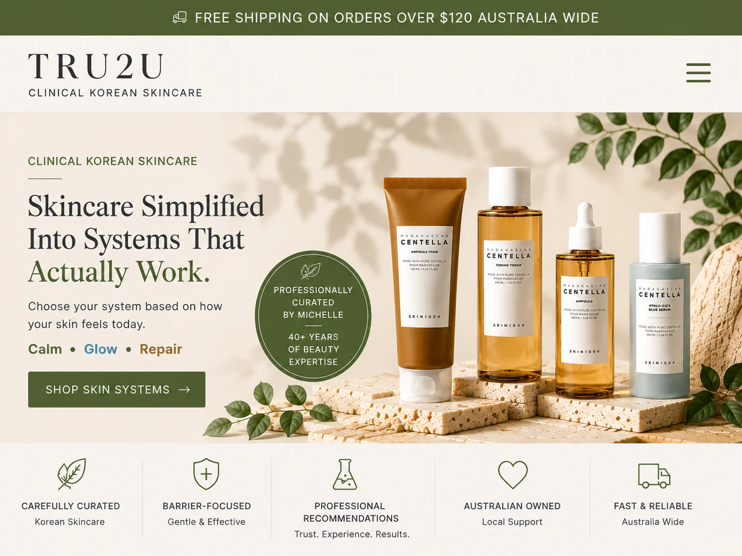 Tru2u Korean skincare systems for Calm, Glow and Repair